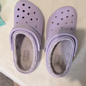 purple furry crocs